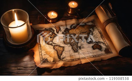 Piece of an ancient map and candlelight 119308538
