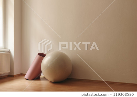 White exercise ball and pink yoga mat in a serene gym setting with soft lighting. Beige wall background, wooden floor. Fitness and relaxation concept. Training in studio. Set of sports equipment. White exercise ball and pink yoga mat in a serene gym setting with soft lighting. Beige wall background, wooden floor. Fitness and relaxation concept. Training in studio. Set of sports equipment. 119308580