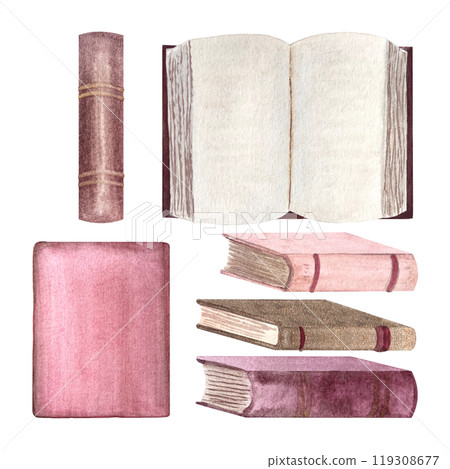 Pile of pink hardcover old books, book spine, front, open book watercolor set isolated on white. Hand painted art perfect for stationary, bookstore, reading theme, book club labels, logo design 119308677