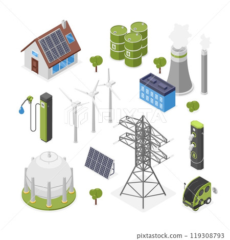 Isometric eco friendly icons. Solar system oil and gas, wind turbines, smart energy house. Clean and ecological lifestyle, clean environment flawless vector set Isometric eco friendly icons. Solar system oil and gas, wind turbines, smart energy house. Clean and ecological lifestyle, clean environment flawless vector set 119308793
