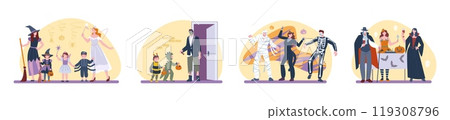 Halloween party. Adults children autumn festive activities, trick or treat dancing drinking scaring. Kids and parents wear masquerade costumes, kicky vector scenes 119308796