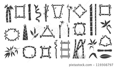 Bamboo silhouettes. Asian plants stalks sticks leaves, nature elements black icons. Isolated decorative chinese japanese plants, neoteric vector set 119308797