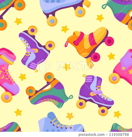 Roller skates seamless pattern. Vibrant retro print for fabric wrapping web design. Sporty girl stylish boots on wheels, vintage neoteric vector background 119308798