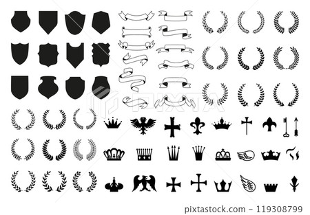 Heraldic symbols. Black laurel wreaths ribbons shields silhouettes, animal and crowns. Vintage royal elements for decor, invitation, neoteric vector set 119308799