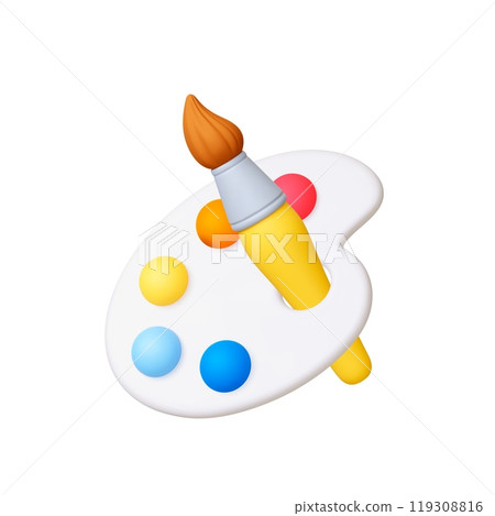 3d Paint palette and brush, painting supplies 3d icon. Drawing tool, white plastic palette with dots of color paints. Isolated realistic render vector elements 3d Paint palette and brush, painting supplies 3d icon. Drawing tool, white plastic palette with dots of color paints. Isolated realistic render vector elements 119308816