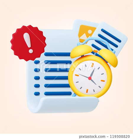 3d Deadline concept. 3d alarm clock, documents and exclamation mark in red banner. Check or to do list, working business process. Realistic vector icons 119308820