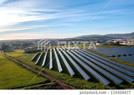 Aerial drone view of solar panels on agricultural Aerial drone view of solar panels on agricultural 119308877