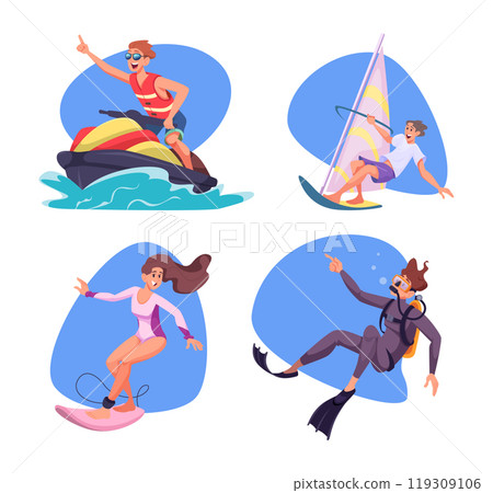 Water sport. Surfboarding kayaking diving different water activities exact vector cartoon happy people in action poses Water sport. Surfboarding kayaking diving different water activities exact vector cartoon happy people in action poses 119309106