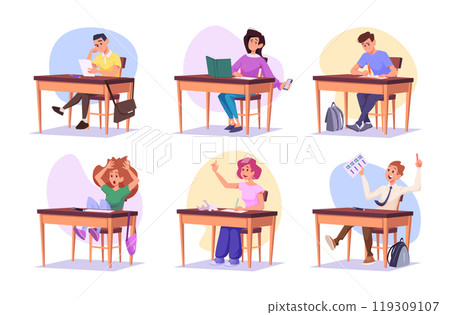 Exam. Education concept illustration of students at desk do exam exact vector people sitting and writing or reading books 119309107