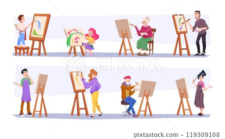 Painters. Creative people artists making beautiful paints exact vector drawing and sketching makers 119309108