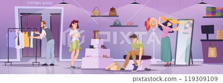 Clothes boutique. Fashion characters in retail market exact vector background in various concept scenes Clothes boutique. Fashion characters in retail market exact vector background in various concept scenes 119309109