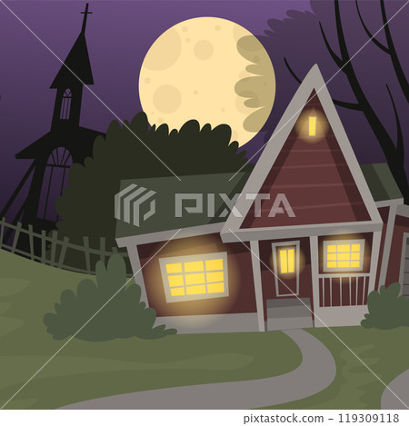 scary house. halloween party house in wood. vector outdoor cartoon background with big yellow moon 119309118