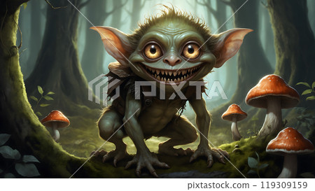 A fantastic green creature with big ears in the woods 119309159
