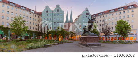 Nikolaiviertel in Mitte on the East Bank of the Spree at dawn, Berlin, Germany 119309268