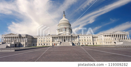 Panoramic view of US Capitol in Washington DC with blue sky background, USA 119309282