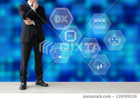 Image of a businessman thinking about digital transformation Image of a businessman thinking about digital transformation 119309339