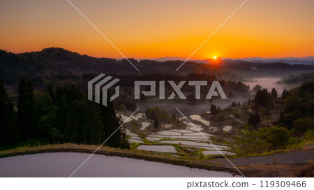 Dawn at Hoshi Pass in Tokamachi, Niigata Prefecture, and the pristine landscape of rice terraces 119309466