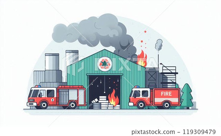 A fire breaks out at a recycling factory and warehouse, and fire engines rush to the scene. 119309479