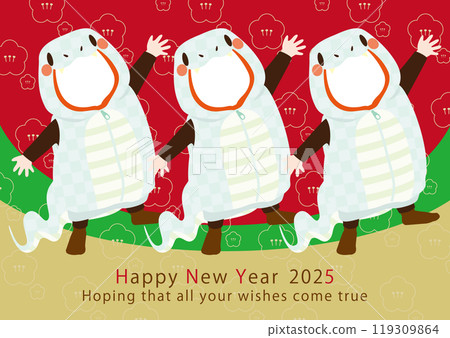 Vector illustration for New Year's cards for the Year of the Snake (for three people in white snake costumes) that can be fitted with a photo face 119309864