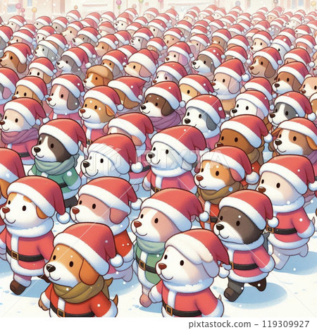 一隻打扮成聖誕老人的狗在雪地裡行進 119309927
