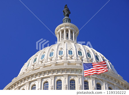 US Capitol dome and American waving flag in Washington DC with blue sky background, USA 119310222