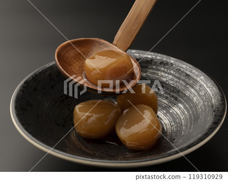 Boiled balls of konnyaku served in a dish Boiled balls of konnyaku served in a dish 119310929
