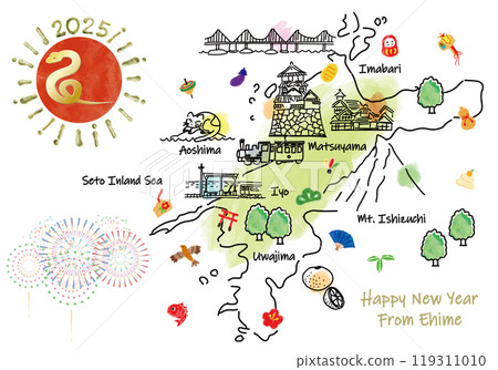 Illustrated map of tourist spots in Ehime Prefecture New Year's card 2025 Illustrated map of tourist spots in Ehime Prefecture New Year's card 2025 119311010
