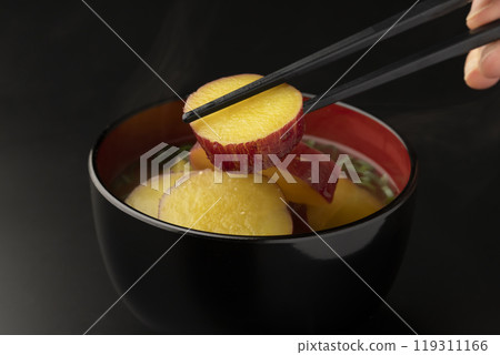 Sweet potato miso soup: Picking up the sweet potato with chopsticks Sweet potato miso soup: Picking up the sweet potato with chopsticks 119311166