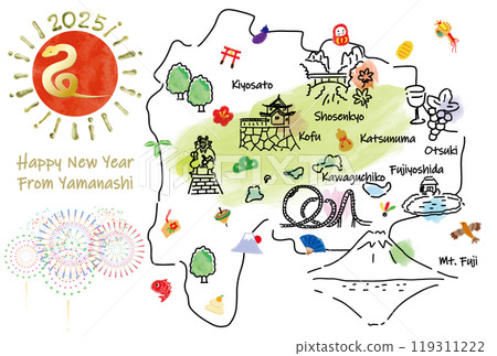 Illustrated map of tourist spots in Yamanashi Prefecture New Year's card 2025 119311222