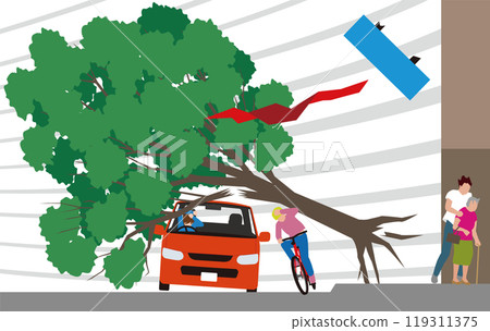 插圖顯示一輛汽車被一陣風和一棵倒下的樹困住，一輛自行車被扇動，一名行人正在疏散 119311375