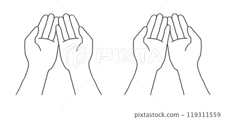 Line drawing illustration of two outgoing hands, with and without overlap, with and without white background 119311559