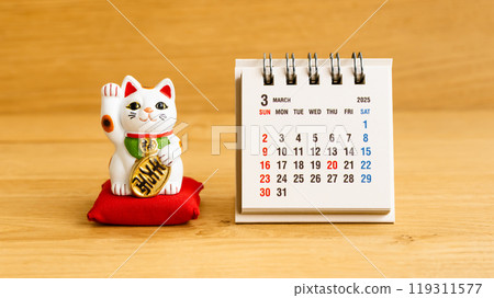March 2025 calendar and beckoning cat Japanese lucky day calendar image material March 2025 calendar and beckoning cat Japanese lucky day calendar image material 119311577