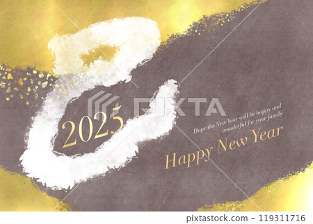 2025 年新年賀卡明信片模板，帶有蛇年書法、平靜的背景和金箔 119311716