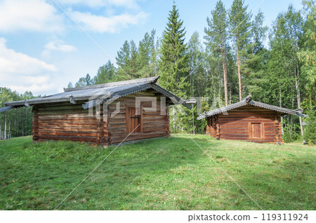 Two old wooden barns in North Russia 119311924