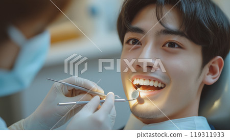 Man being treated by dentist 119311933