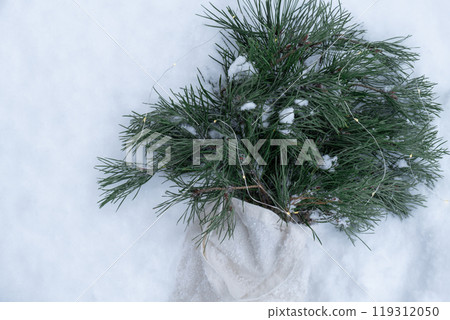 Reusable shopping bag with fir spruce green branches in snowy outdoor winter forest background. Merry Christmas and new year concept. Natural bouquet greeting card copy space 119312050