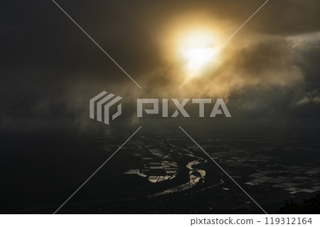 Hakusan Tedorigawa Geopark: The Tedorigawa alluvial fan as seen from Shishikui Plateau 119312164