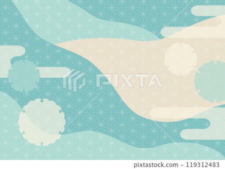 Blue-green Japanese-style background. Vector illustration of mountains, hemp leaf pattern, e-kasumi, and snowflakes. Horizontal. Blue-green Japanese-style background. Vector illustration of mountains, hemp leaf pattern, e-kasumi, and snowflakes. Horizontal. 119312483
