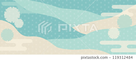 Blue-green Japanese-style background. Vector illustration of mountains, hemp leaf pattern, e-kasumi, and snowflakes. Horizontal. 119312484