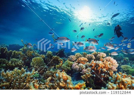 Illustration of coral reef fish and divers 119312844