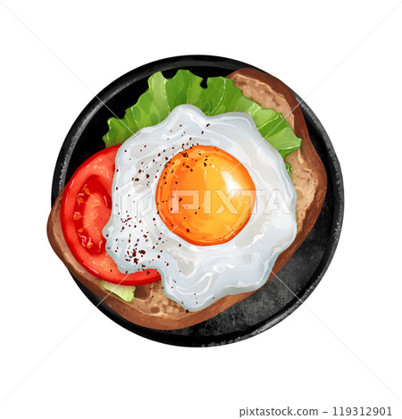 Sunny side up egg. Tasty sandwich with fried eggs, tomato, lettuce. Food illustration with cast iron pans top view. 119312901