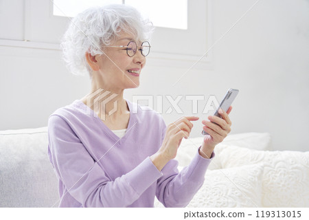 Senior woman using smartphone in living room 119313015