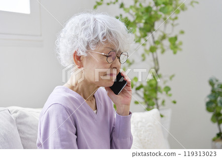 客廳裡用智慧型手機說話時遇到麻煩的高級女性 119313023