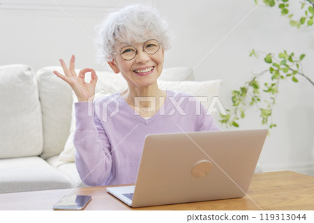 Senior woman making an OK sign in front of a laptop computer in living room Senior woman making an OK sign in front of a laptop computer in living room 119313044