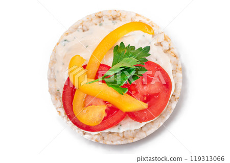 Vegan Rice Cake Sandwich with Fresh Tomato, Yellow Paprika and Greens - Isolated Vegan Rice Cake Sandwich with Fresh Tomato, Yellow Paprika and Greens - Isolated 119313066
