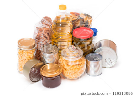 Food Reserves: Canned Food, Spaghetti, Pate, Tuna, Tomato Juice, Pasta, Fish and Grocery - Isolated Food Reserves: Canned Food, Spaghetti, Pate, Tuna, Tomato Juice, Pasta, Fish and Grocery - Isolated 119313096