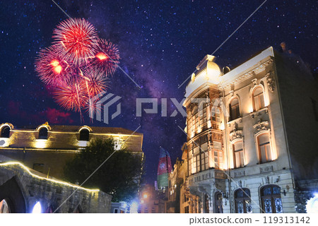 Beautiful night view of the walled city of Baku Old Town 119313142