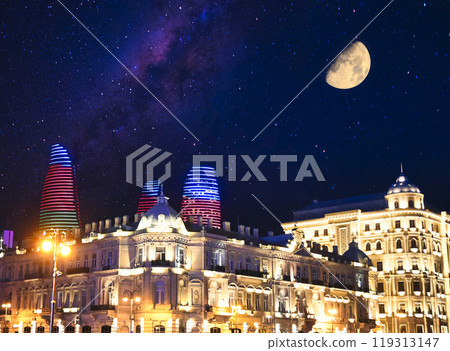 Beautiful night view of the walled city of Baku Old Town 119313147