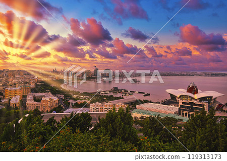 Beautiful sunset over the walled city of Baku 119313173