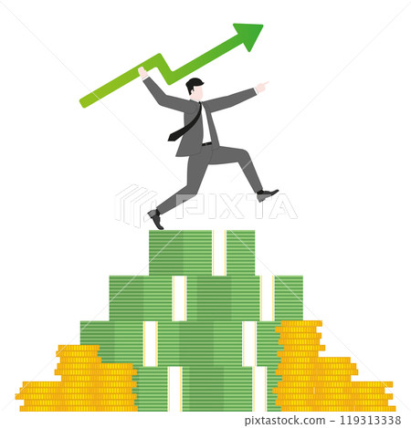 A businessman aiming and throwing a green arrow like a javelin on money stack. Growth, investment, financial success, business ambition, market opportunity, target goal, and wealth strategy 119313338